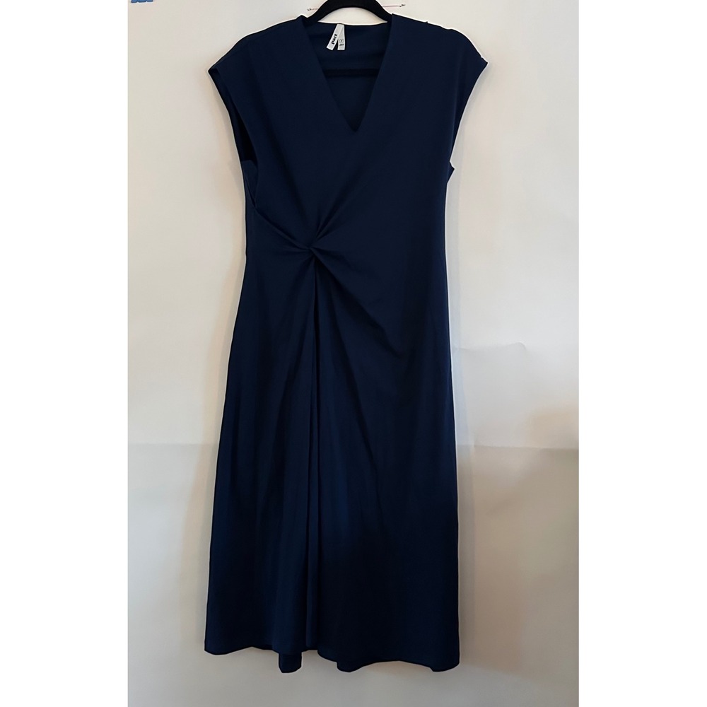 Pact Organic Cotton Twist Front V-Neck Midi Dress Navy Blue Sleeveless M